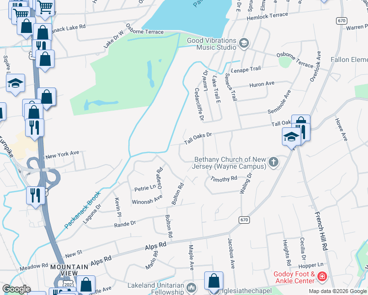 map of restaurants, bars, coffee shops, grocery stores, and more near 123 Tall Oaks Drive in Wayne