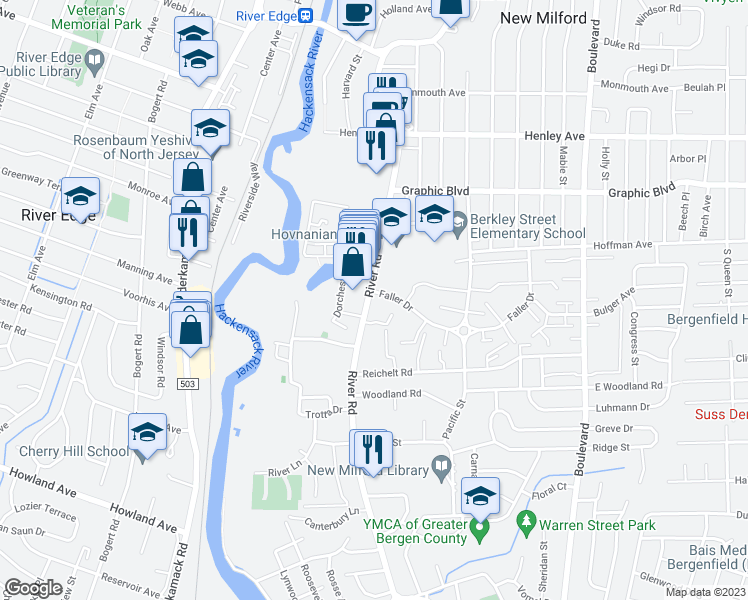 map of restaurants, bars, coffee shops, grocery stores, and more near 903 River Road in New Milford