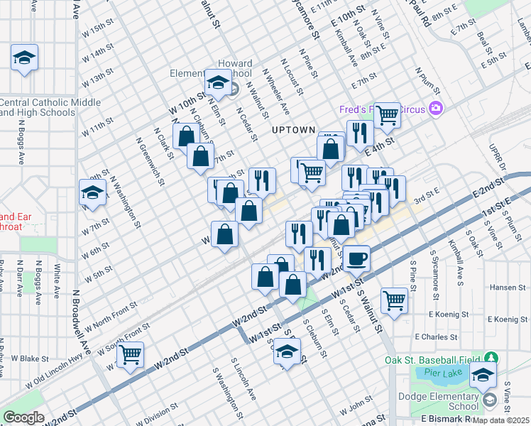 map of restaurants, bars, coffee shops, grocery stores, and more near 603 West 4th Street in Grand Island