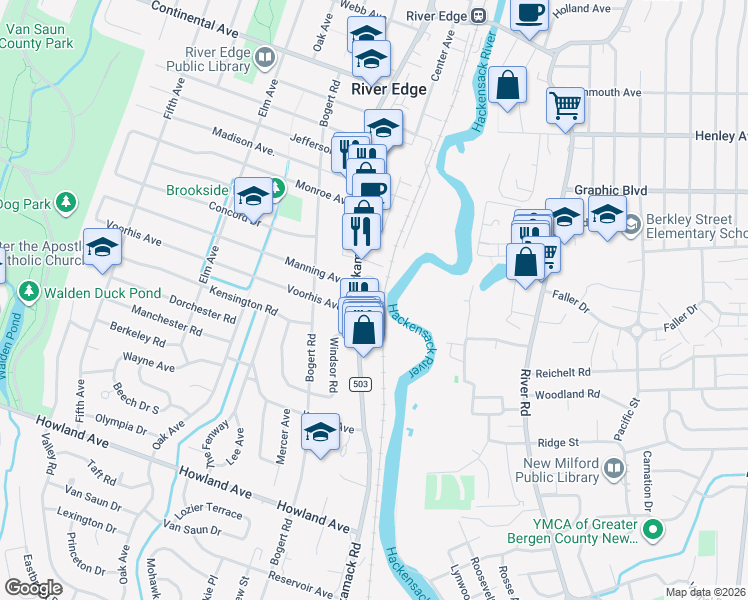 map of restaurants, bars, coffee shops, grocery stores, and more near 530 Kinderkamack Road in River Edge