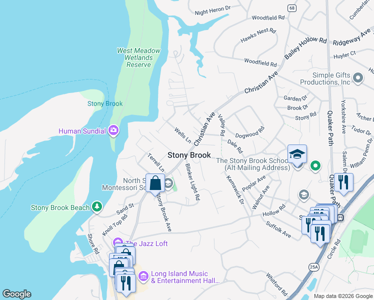 map of restaurants, bars, coffee shops, grocery stores, and more near 193 Christian Avenue in Stony Brook