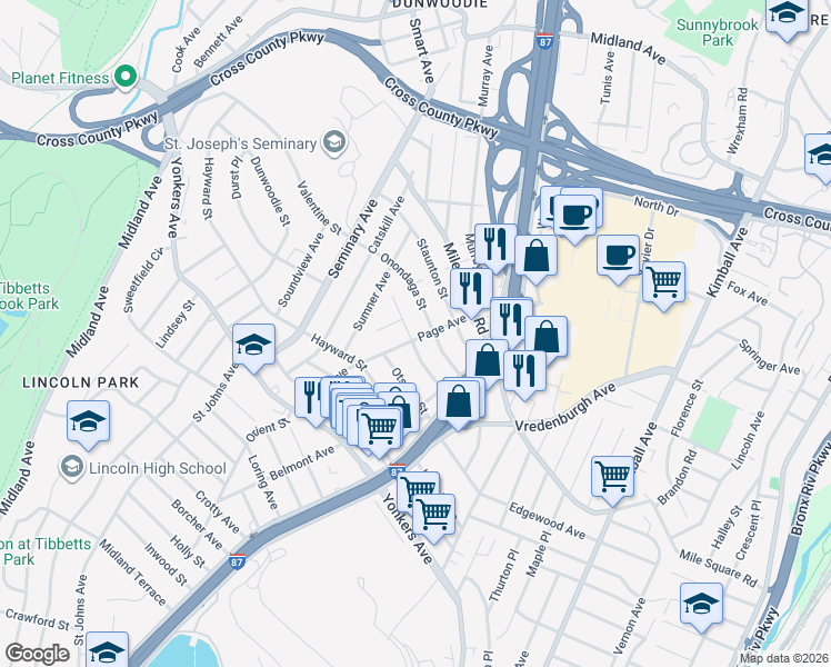 map of restaurants, bars, coffee shops, grocery stores, and more near 103 Page Avenue in Yonkers