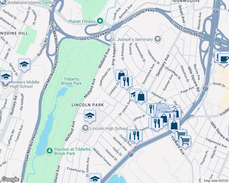 map of restaurants, bars, coffee shops, grocery stores, and more near 18 Lindsey Street in Yonkers