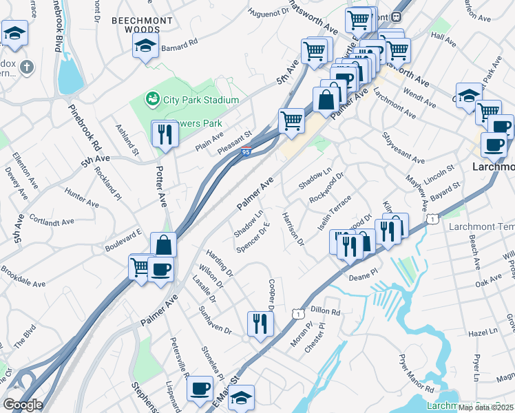 map of restaurants, bars, coffee shops, grocery stores, and more near 15 Spencer Drive in New Rochelle