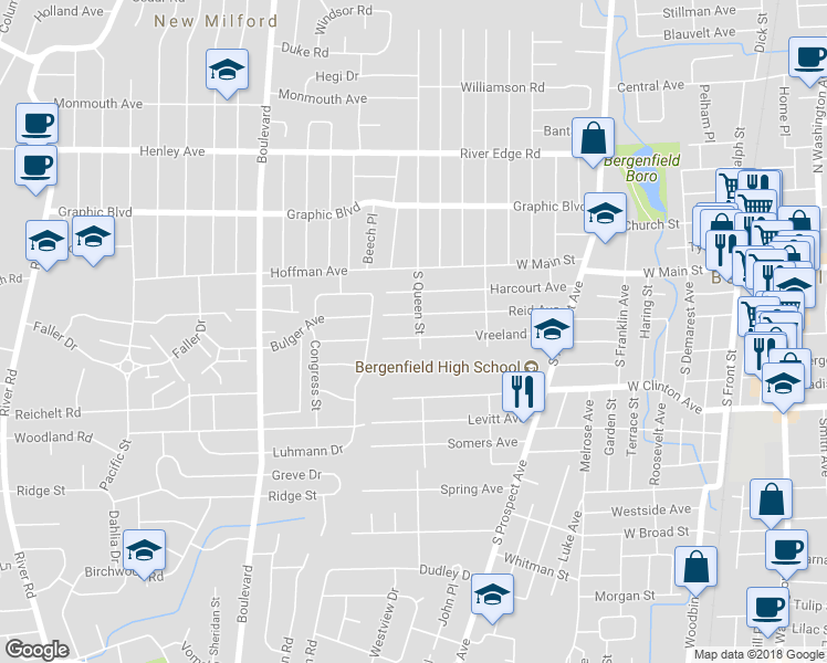 map of restaurants, bars, coffee shops, grocery stores, and more near 191 Vreeland Avenue in Bergenfield