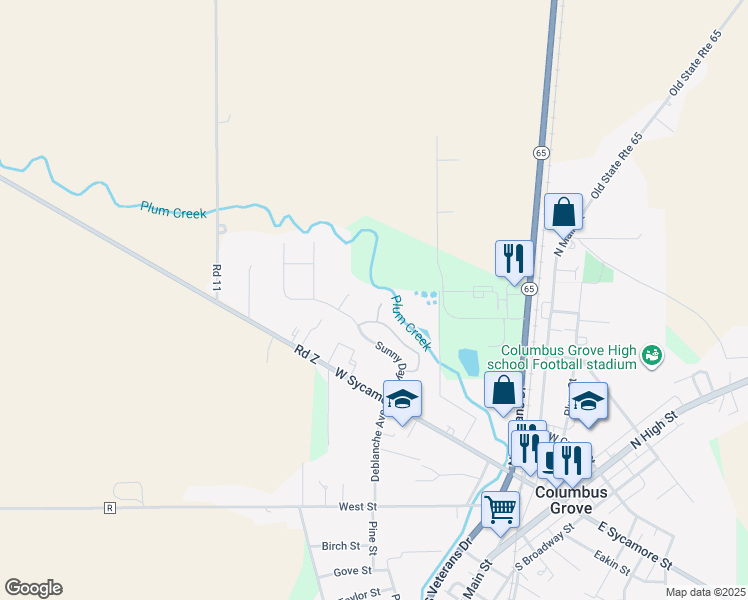 map of restaurants, bars, coffee shops, grocery stores, and more near 205 Briarwood Court in Columbus Grove