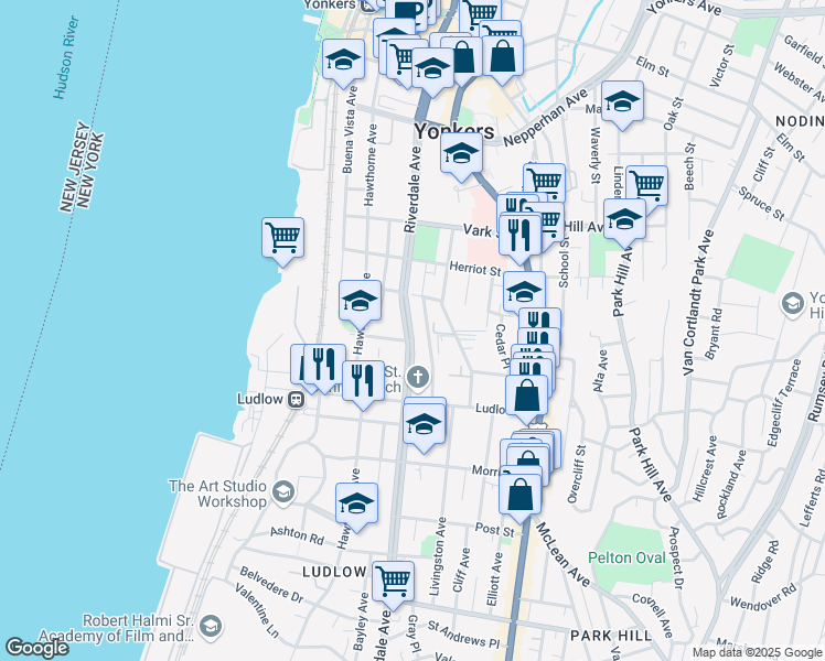 map of restaurants, bars, coffee shops, grocery stores, and more near 200 Riverdale Avenue in Yonkers