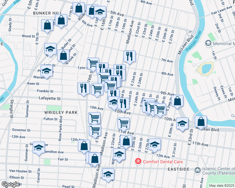 map of restaurants, bars, coffee shops, grocery stores, and more near 429 Madison Avenue in Paterson