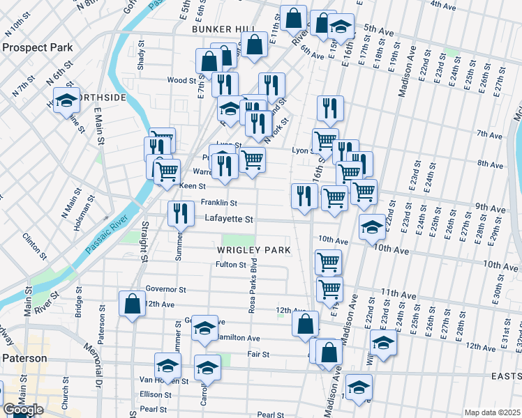 map of restaurants, bars, coffee shops, grocery stores, and more near 79 Rosa Parks Boulevard in Paterson