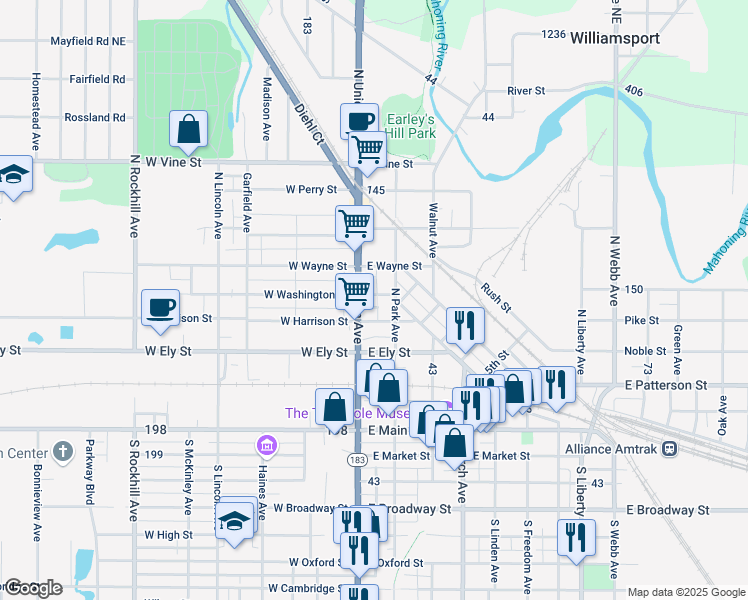 map of restaurants, bars, coffee shops, grocery stores, and more near 31 East Washington Street in Alliance