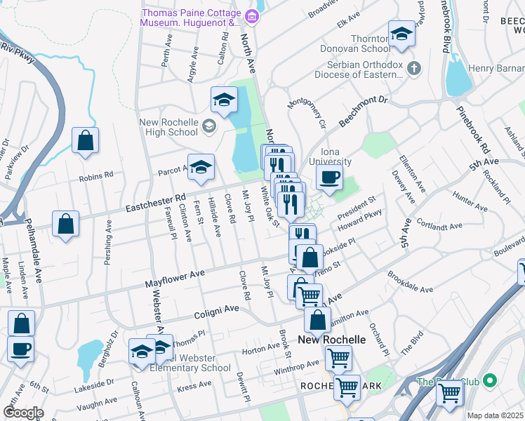 map of restaurants, bars, coffee shops, grocery stores, and more near 153 Mount Joy Place in New Rochelle