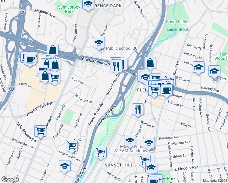 map of restaurants, bars, coffee shops, grocery stores, and more near 800 Bronx River Road in Yonkers