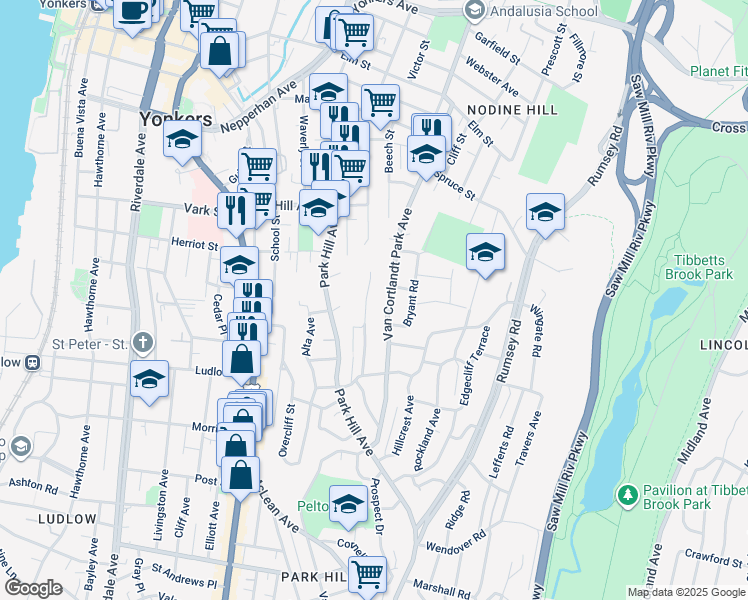 map of restaurants, bars, coffee shops, grocery stores, and more near 185 Van Cortlandt Park Avenue in Yonkers