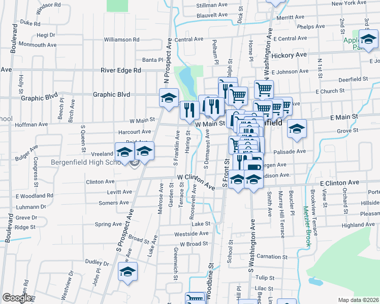 map of restaurants, bars, coffee shops, grocery stores, and more near 18 Roosevelt Avenue in Bergenfield