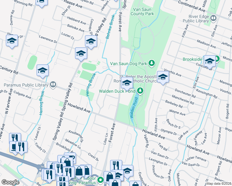 map of restaurants, bars, coffee shops, grocery stores, and more near 145 East Forest Avenue in Paramus