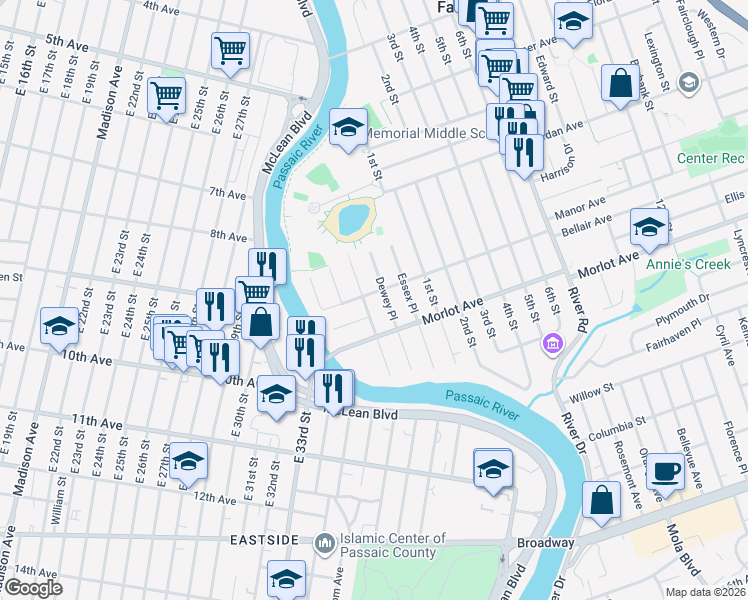 map of restaurants, bars, coffee shops, grocery stores, and more near 709 Dewey Place in Fair Lawn