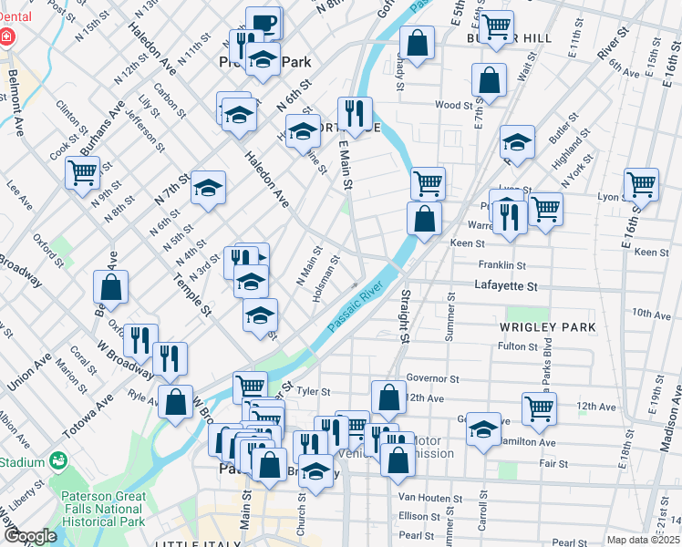 map of restaurants, bars, coffee shops, grocery stores, and more near 48 Holsman Street in Paterson