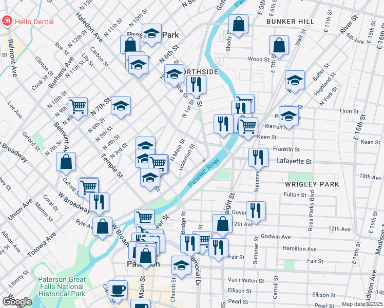 map of restaurants, bars, coffee shops, grocery stores, and more near 48 Holsman Street in Paterson
