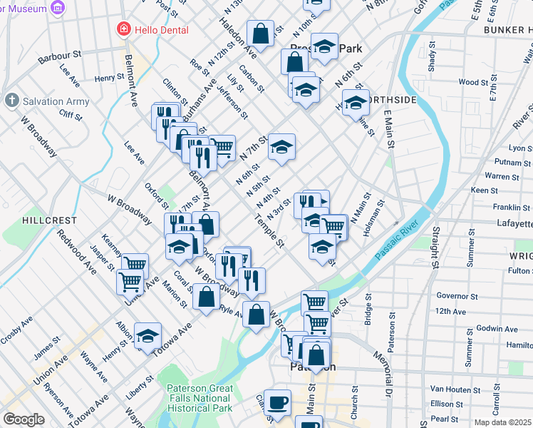 map of restaurants, bars, coffee shops, grocery stores, and more near 50 North 4th Street in Paterson