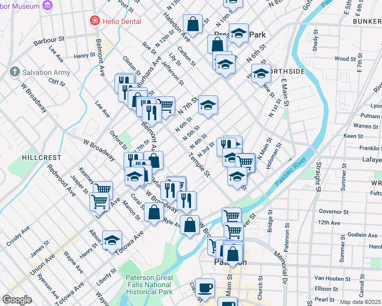 map of restaurants, bars, coffee shops, grocery stores, and more near 50 North 4th Street in Paterson