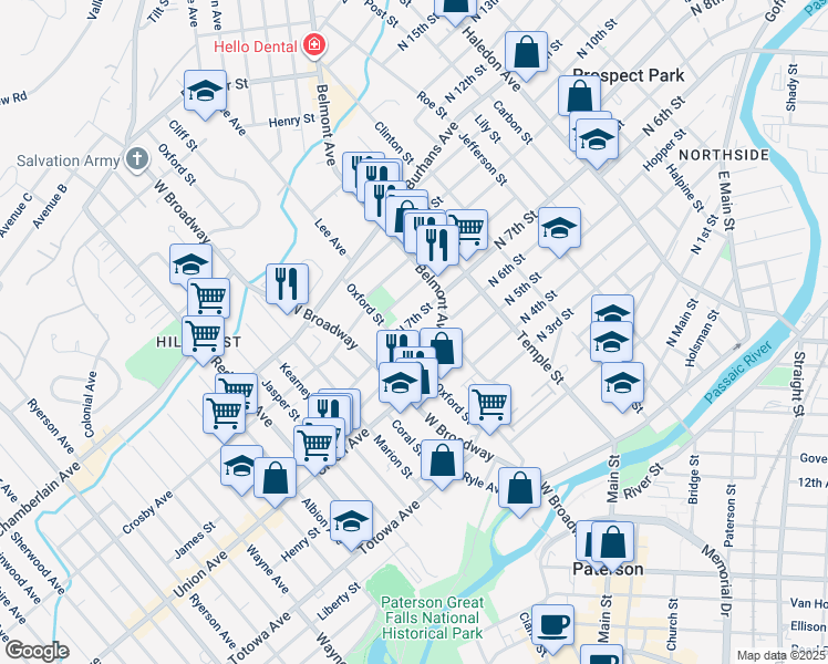 map of restaurants, bars, coffee shops, grocery stores, and more near 10 North 7th Street in Paterson