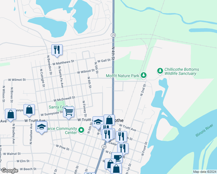 map of restaurants, bars, coffee shops, grocery stores, and more near 1513 North 4th Street in Chillicothe