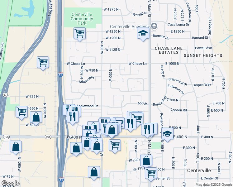 map of restaurants, bars, coffee shops, grocery stores, and more near 290 West 710 North in Centerville