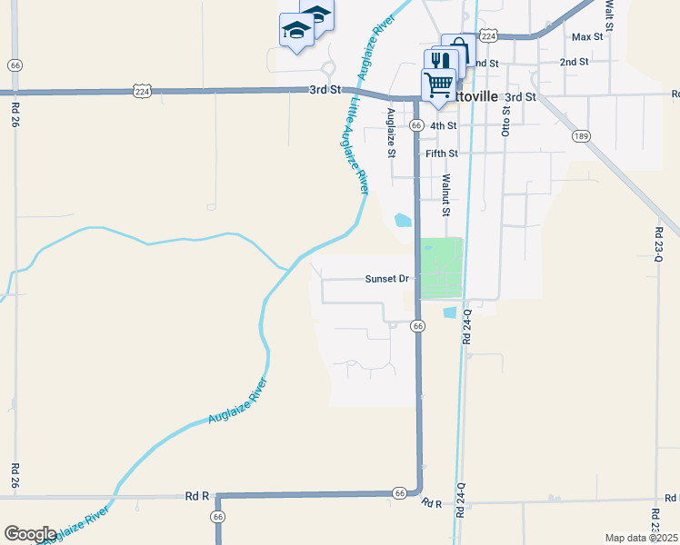 map of restaurants, bars, coffee shops, grocery stores, and more near 134 Sunset Drive in Fort Jennings