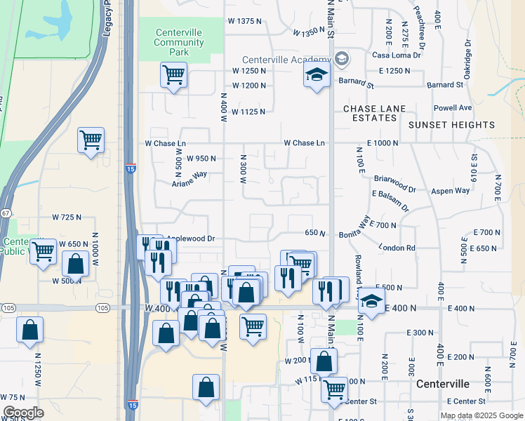 map of restaurants, bars, coffee shops, grocery stores, and more near 280 West 710 North in Centerville