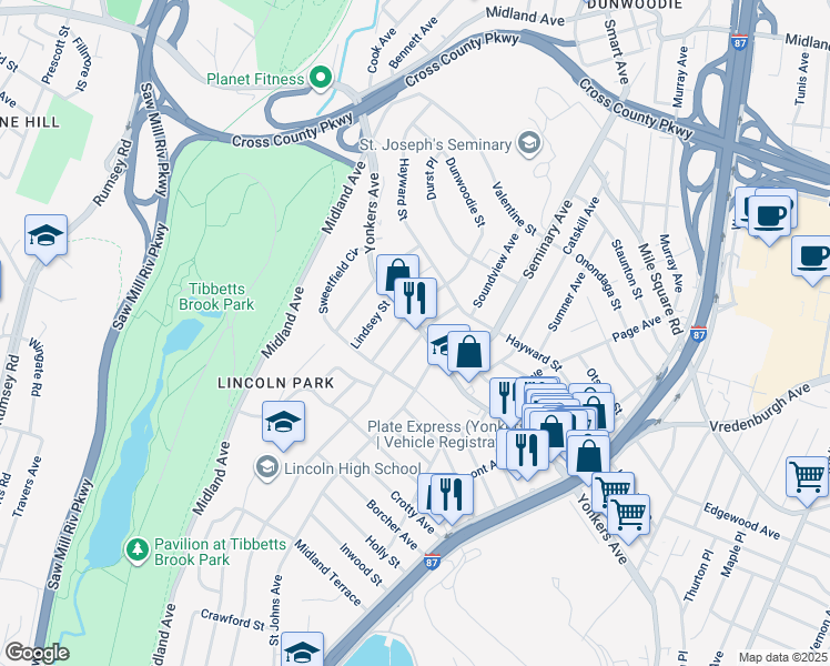map of restaurants, bars, coffee shops, grocery stores, and more near 642 Yonkers Avenue in Yonkers