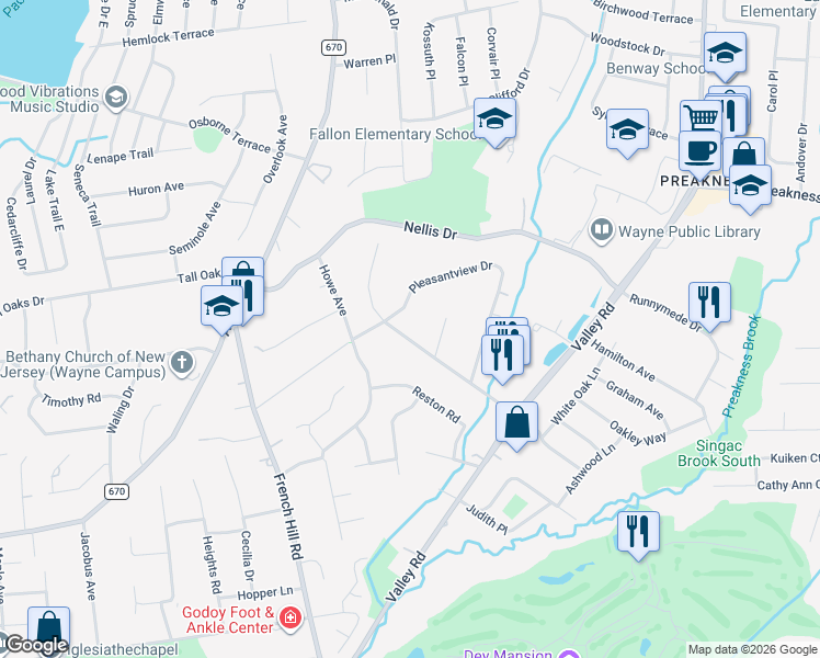 map of restaurants, bars, coffee shops, grocery stores, and more near 102 Macdonald Drive in Wayne