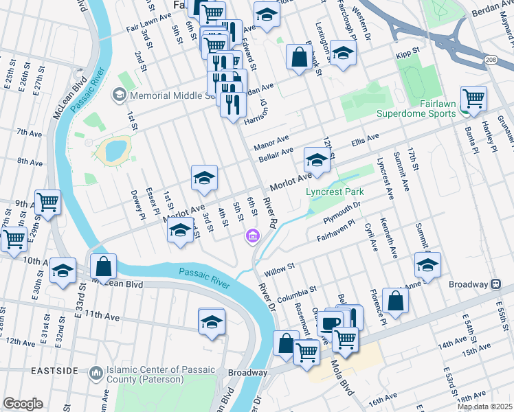 map of restaurants, bars, coffee shops, grocery stores, and more near 5-23 6th Street in Fair Lawn