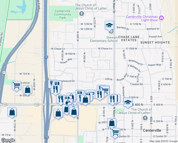map of restaurants, bars, coffee shops, grocery stores, and more near 290 West 710 North in Centerville