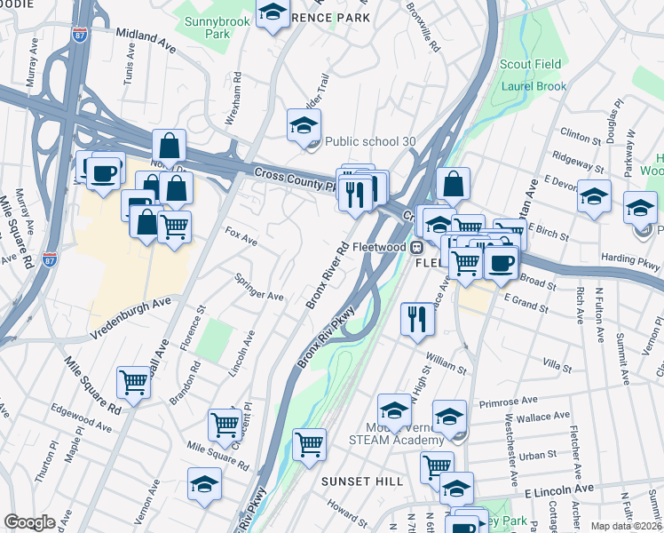 map of restaurants, bars, coffee shops, grocery stores, and more near 800 Bronx River Road in Yonkers