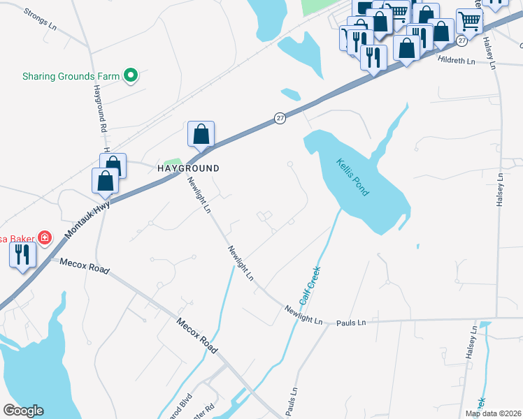 map of restaurants, bars, coffee shops, grocery stores, and more near 17 West Pond Drive in Water Mill