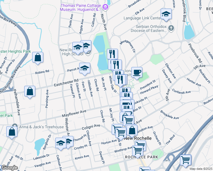 map of restaurants, bars, coffee shops, grocery stores, and more near 153 Mount Joy Place in New Rochelle