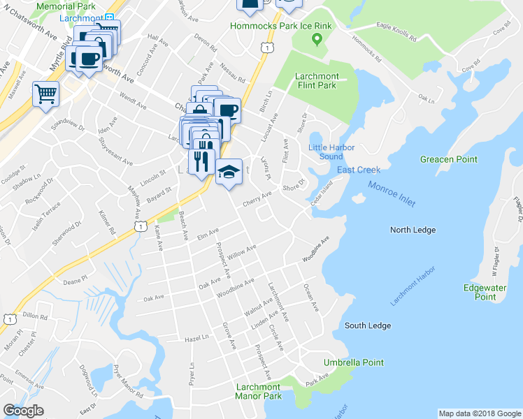 map of restaurants, bars, coffee shops, grocery stores, and more near 13 Ervilla Drive in Larchmont
