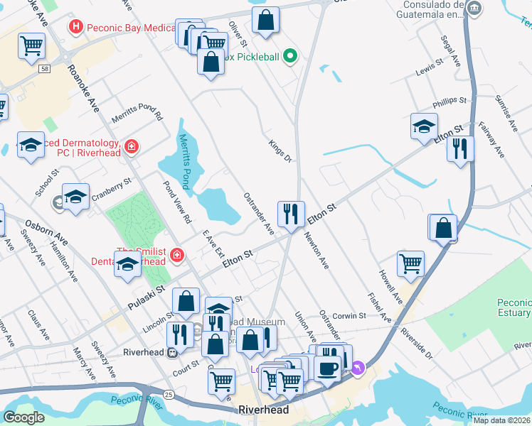 map of restaurants, bars, coffee shops, grocery stores, and more near 832 Ostrander Avenue in Riverhead