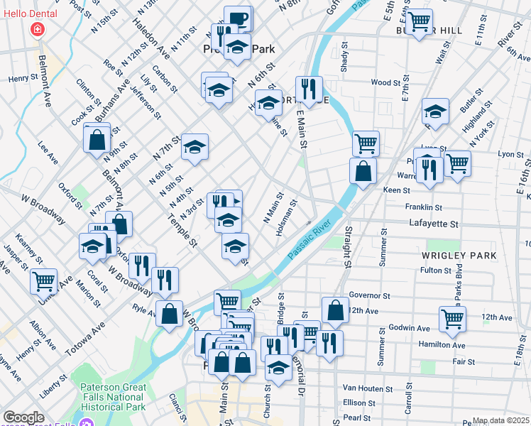 map of restaurants, bars, coffee shops, grocery stores, and more near 97 N Main St in Paterson