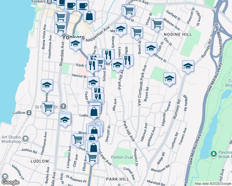 map of restaurants, bars, coffee shops, grocery stores, and more near 141 Park Hill Avenue in Yonkers