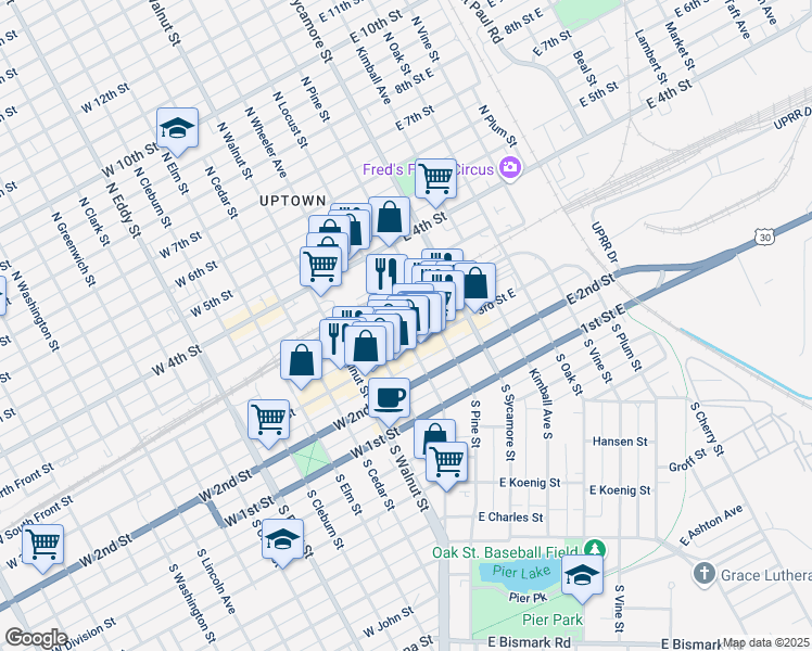 map of restaurants, bars, coffee shops, grocery stores, and more near 317 North Locust Street in Grand Island