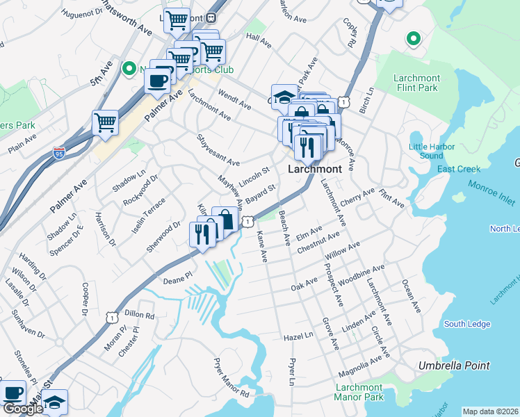 map of restaurants, bars, coffee shops, grocery stores, and more near 2220 Boston Post Road in Larchmont