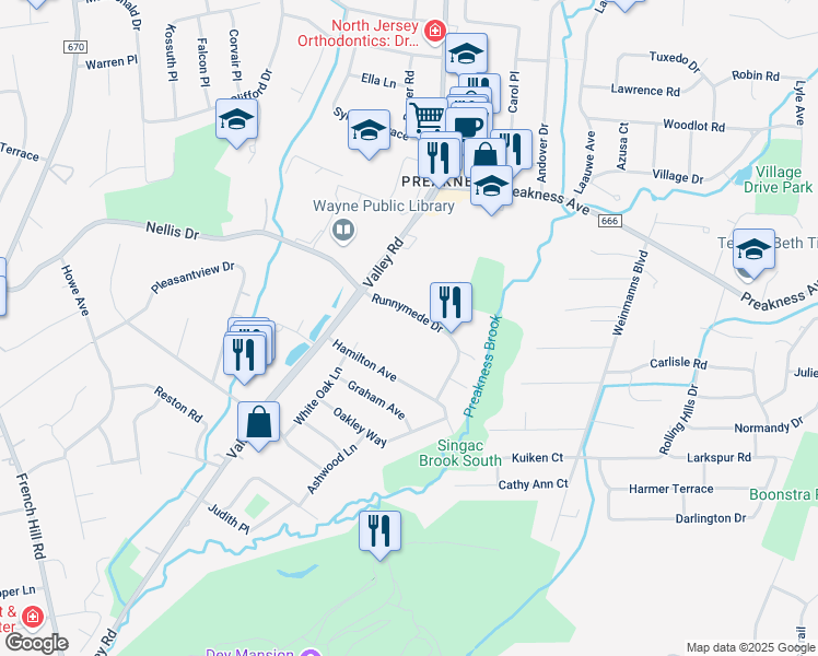 map of restaurants, bars, coffee shops, grocery stores, and more near 507 Runnymeade Drive in Wayne