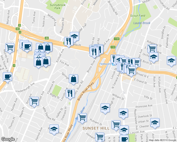 map of restaurants, bars, coffee shops, grocery stores, and more near 798 Bronx River Road in Yonkers