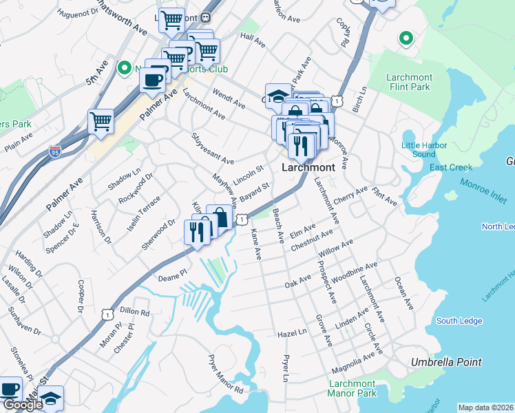 map of restaurants, bars, coffee shops, grocery stores, and more near 2220 Boston Post Road in Larchmont