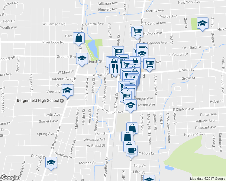 map of restaurants, bars, coffee shops, grocery stores, and more near 11 Arlington Avenue in Bergenfield