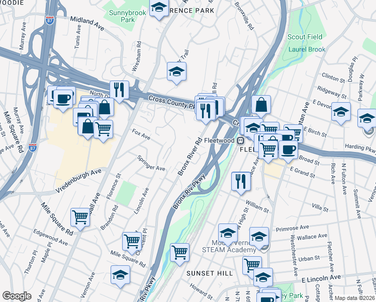 map of restaurants, bars, coffee shops, grocery stores, and more near 773 Bronx River Road in Yonkers