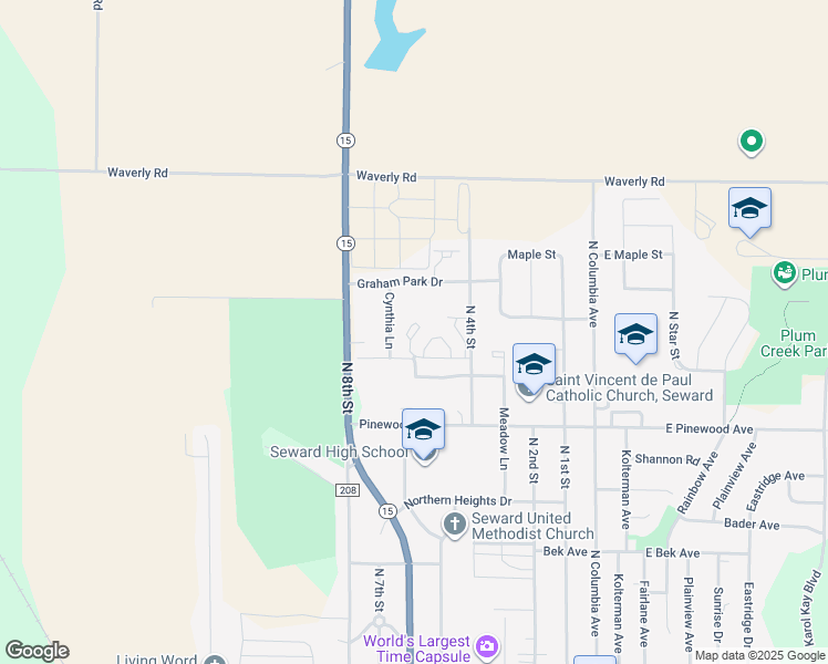 map of restaurants, bars, coffee shops, grocery stores, and more near 500 Heartland Park Drive in Seward