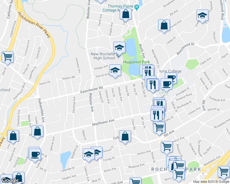 map of restaurants, bars, coffee shops, grocery stores, and more near 22 Fern Street in New Rochelle