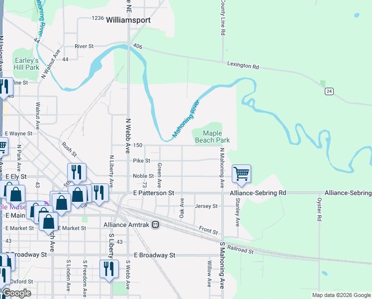 map of restaurants, bars, coffee shops, grocery stores, and more near 435 Oak Avenue in Alliance